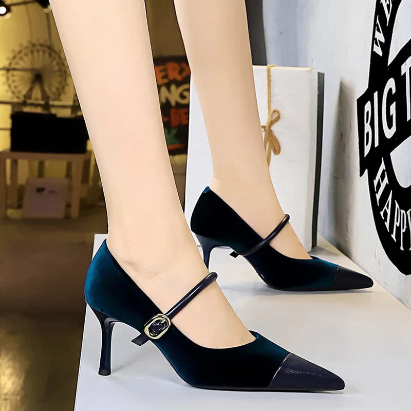 Pointed Heel Shoes with Velvet and Faux Leather Buckle Decoration - Mabel
