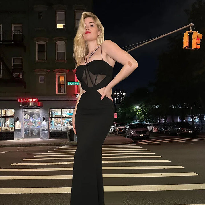 Maxi Evening Dress with Cutouts, Shirring, and Ties - Erica