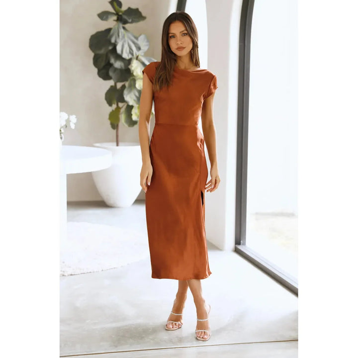 Midi satin dress with slit and open back design - Shray