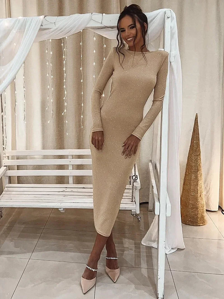 Fitted Midi Sequin Dress with Open Back - Rosemary