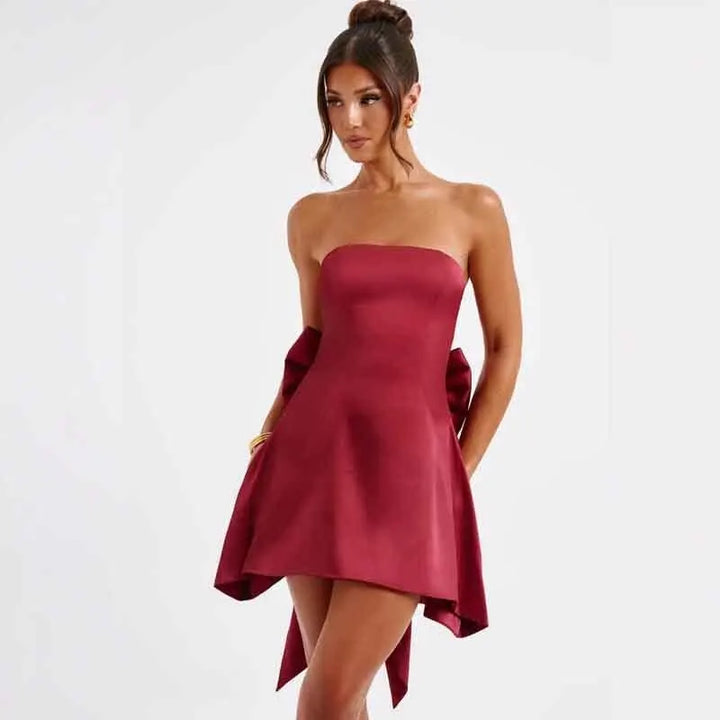 Strapless Satin Mini Dress with A-Line and Asymmetric Bow Detail - Roselyn