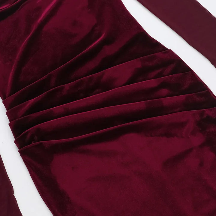 Velvet midi dress with pleats, off-shoulder, and mesh sleeves - Johanna