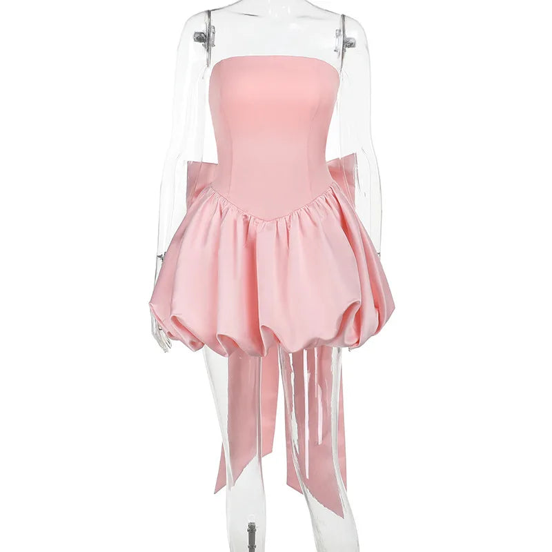 Strapless satin mini dress with balloon shape and bow decoration - Nina