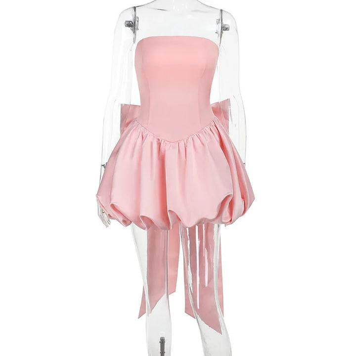Strapless satin mini dress with balloon shape and bow decoration - Nina
