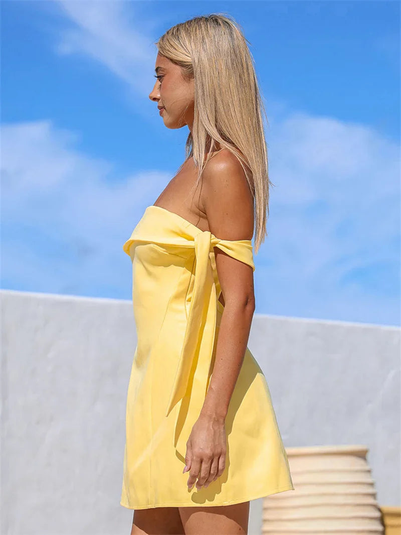 Mini A-line dress with bare shoulders decorated with tie - Sheli