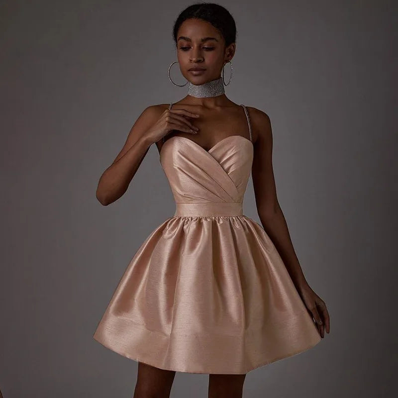 A-Line Satin Mini Dress with Sequin Straps - Miel