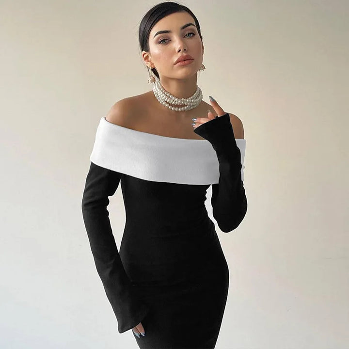 Monochrome Off-Shoulder Maxi Dress - Shindy