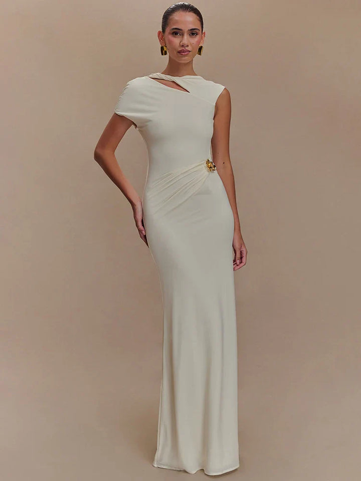 Elegant Maxi Dress with Ruching, One Sleeve, and Buckle Detail - Agatha