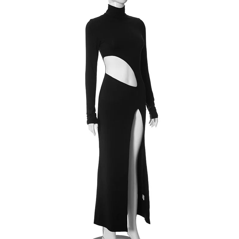 Maxi evening turtleneck dress with deep slit and cutout design - Elai