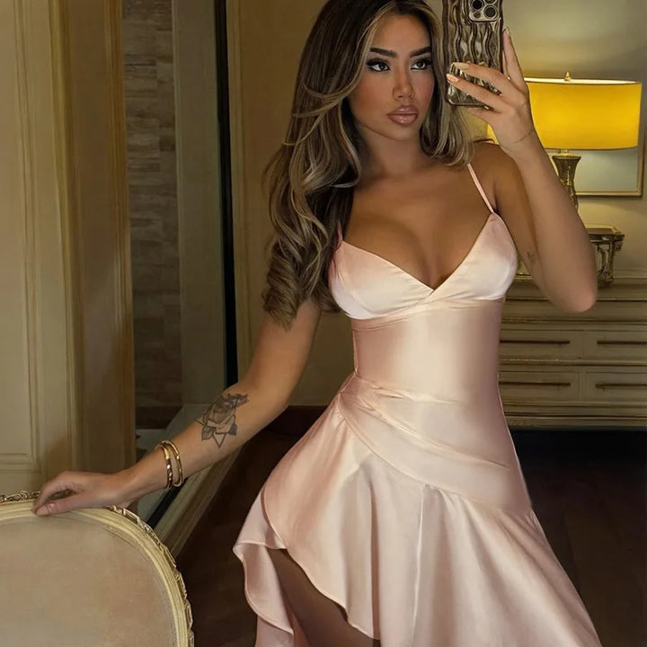 Satin Maxi Dress with Ruffle and Slit Detail - Siana