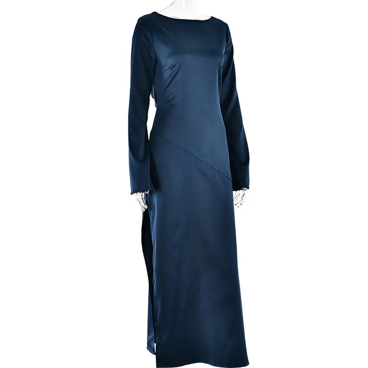 Maxi satin evening dress with open back, slit, and bell sleeves - Marian