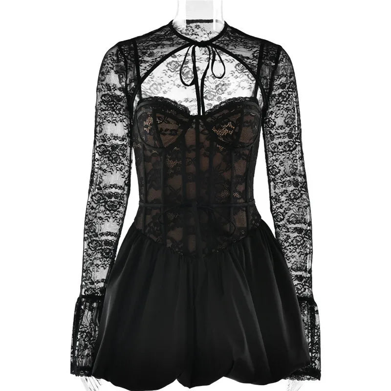 Balloon cut satin mini dress with corset design and lace cap sleeves - Miala