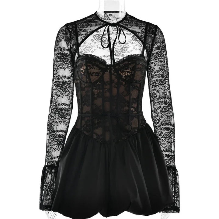 Balloon cut satin mini dress with corset design and lace cap sleeves - Miala