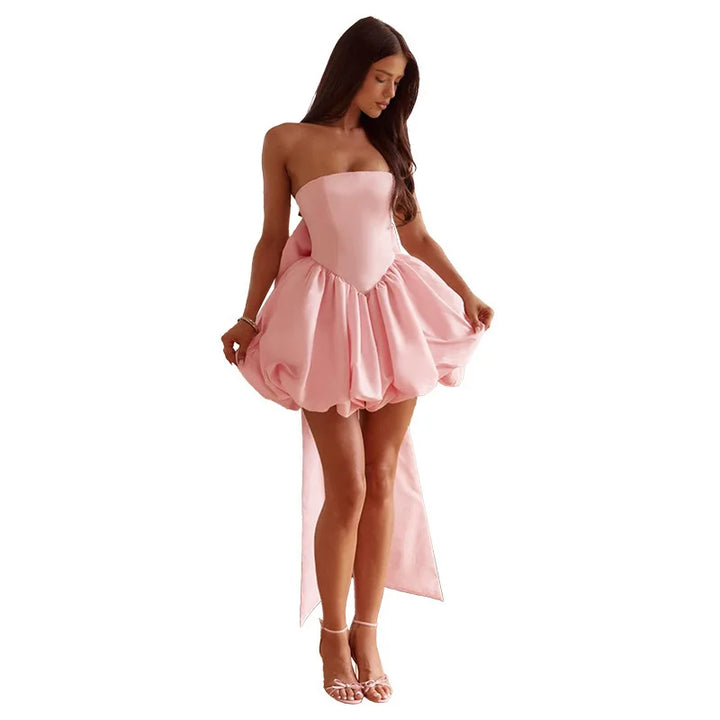 Strapless satin mini dress with balloon shape and bow decoration - Nina