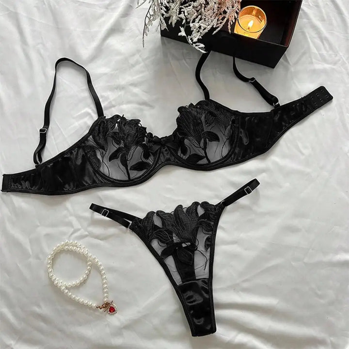 Satin Sheer Set with Leaf Embroidery - Adalyn