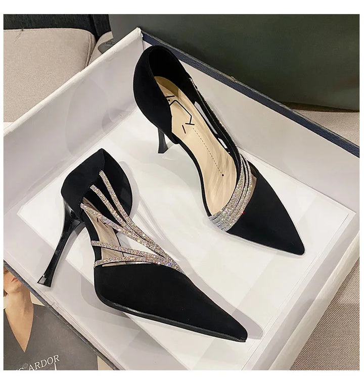Suede Fabric Pointed Heel Shoes with Sparkling Sequin Design - Alior
