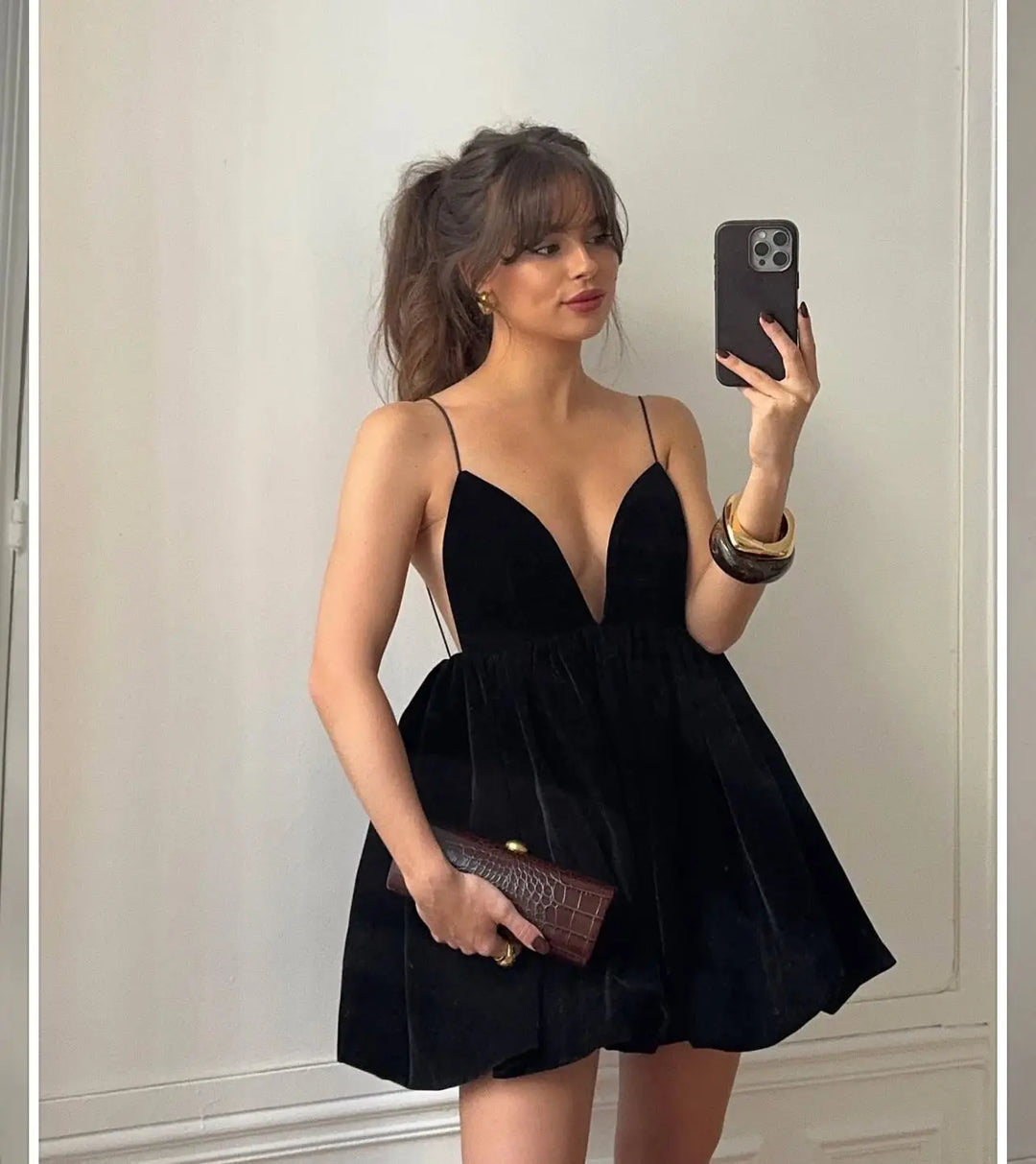 Velvet Mini Balloon Dress with Open Back - Myla