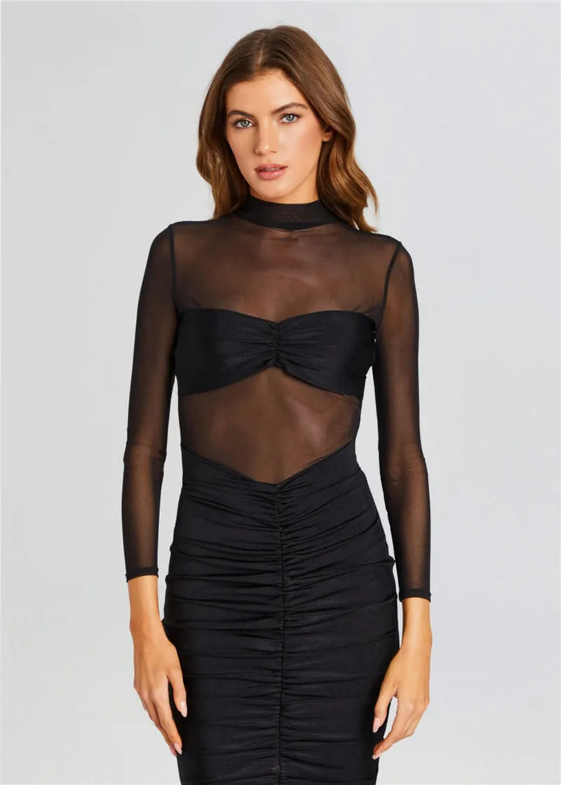 Fitted midi dress with ruching and mesh design - Miren