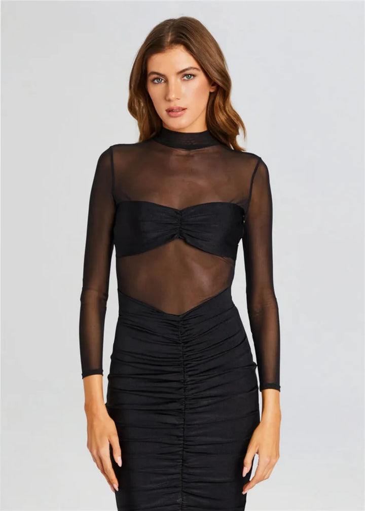 Fitted midi dress with ruching and mesh design - Miren