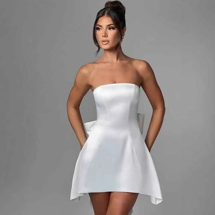 Strapless Satin Mini Dress with A-Line and Asymmetric Bow Detail - Roselyn