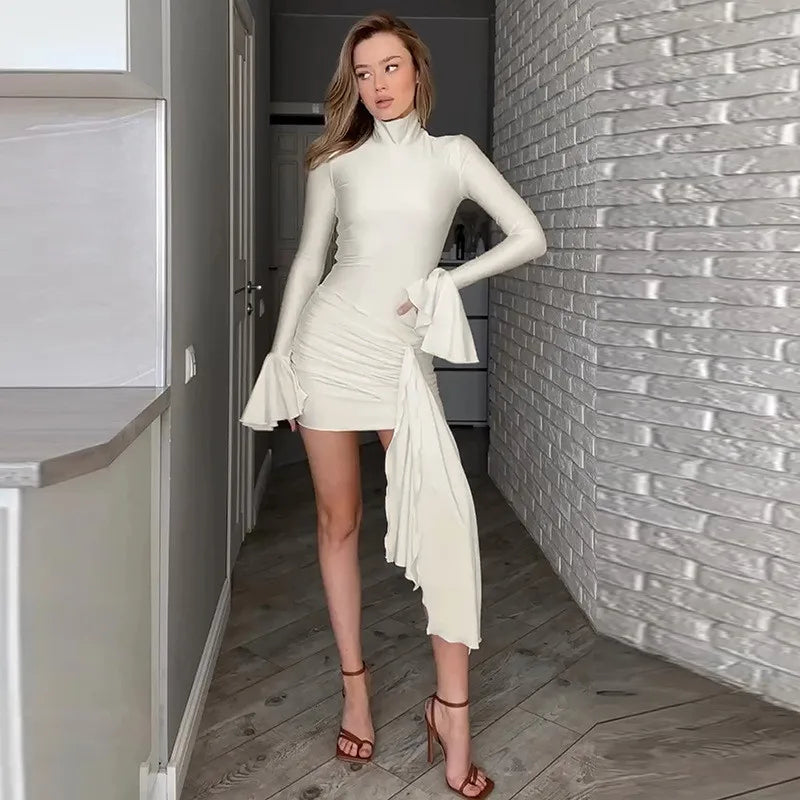Turtleneck mini dress with bell sleeves and ruffle detail - Jenna