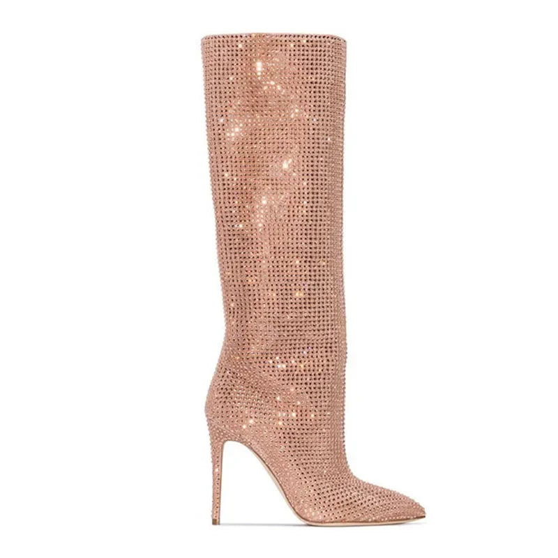 High Pointed Heel Boots with Sparkling Rhinestone Design - Josie