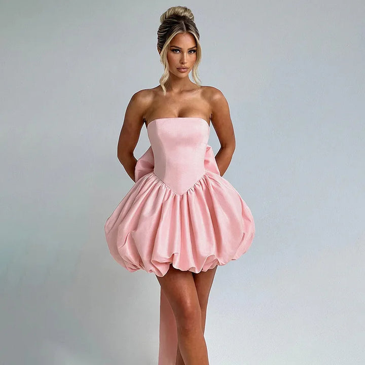 Strapless satin mini dress with balloon shape and bow decoration - Nina