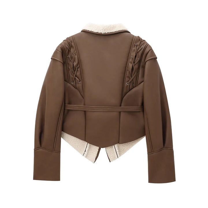 Leather coat with inner fur and belt tie design - Moran