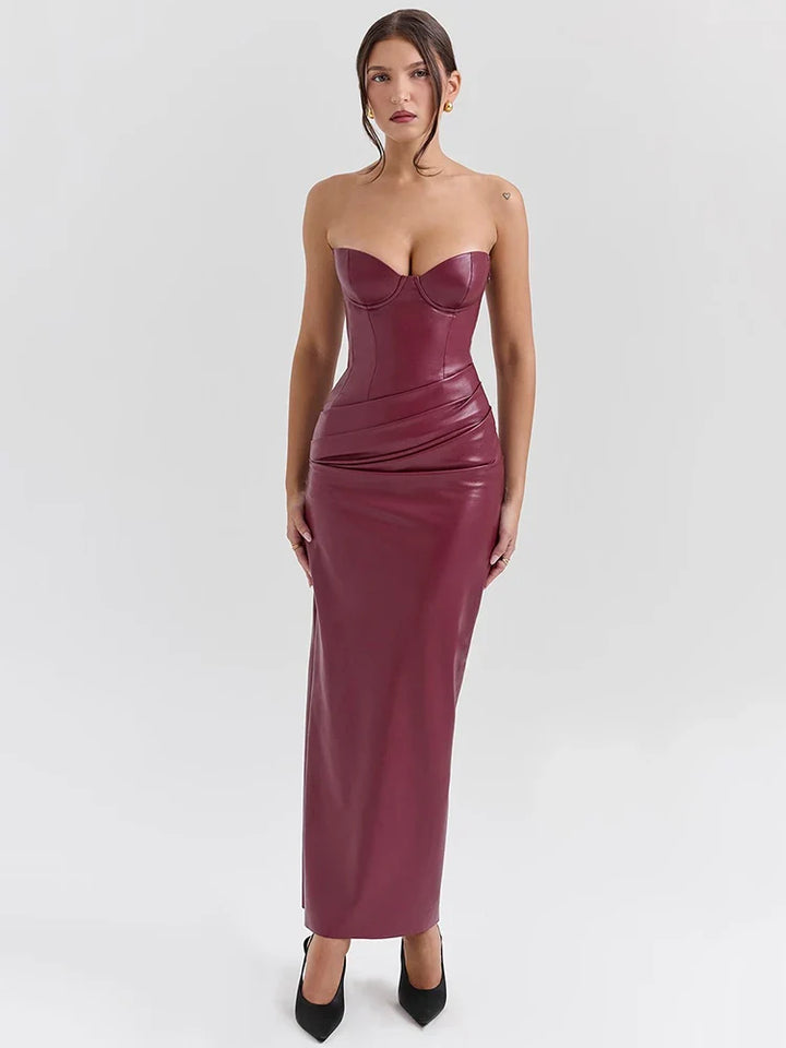 Strapless faux leather maxi dress with ruching and slit design - Marian