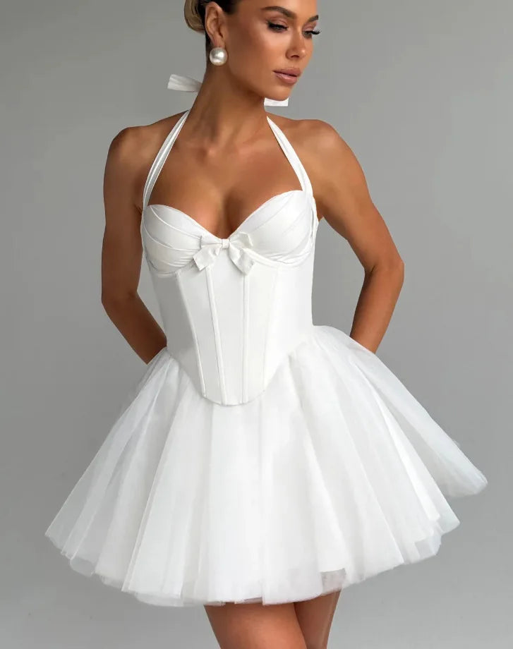 Ballerina mini dress in A-line cut with corset and tulle open back design - Mimi