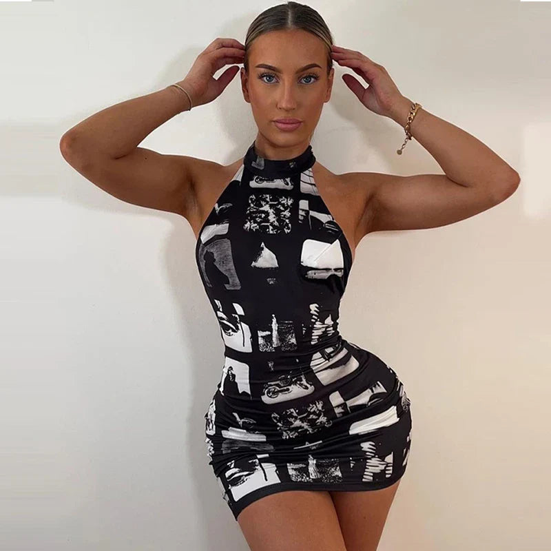 Mini Dress with Collar and Monochrome Print Design - Tessa