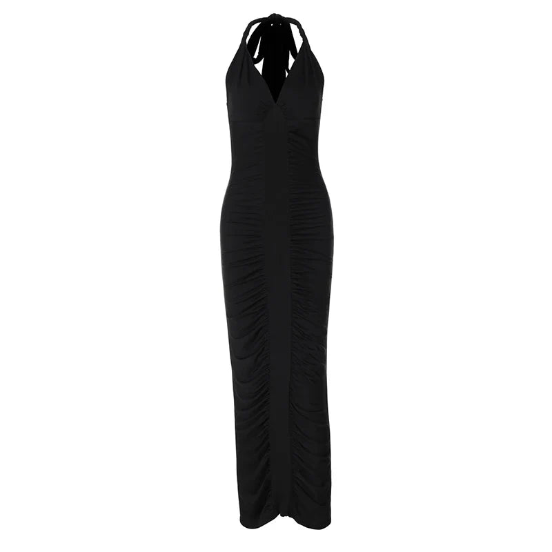 Maxi Dress with Ruching, Open Back, and Neck Tie - Lima