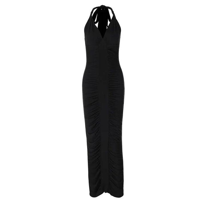 Maxi Dress with Ruching, Open Back, and Neck Tie - Lima