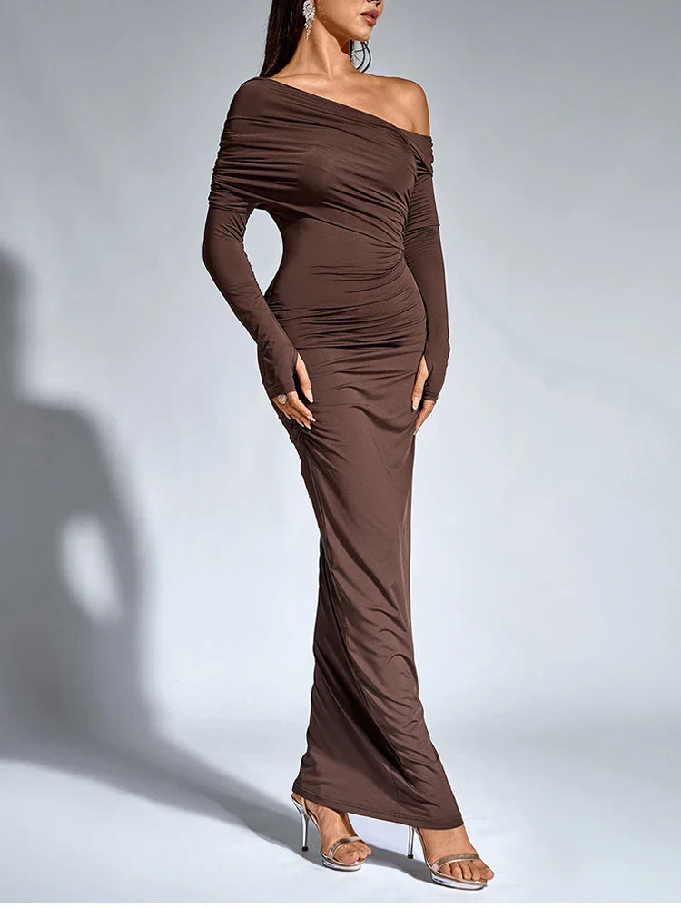 Maxi Dress with Ruching and One-Shoulder Design - Sharala