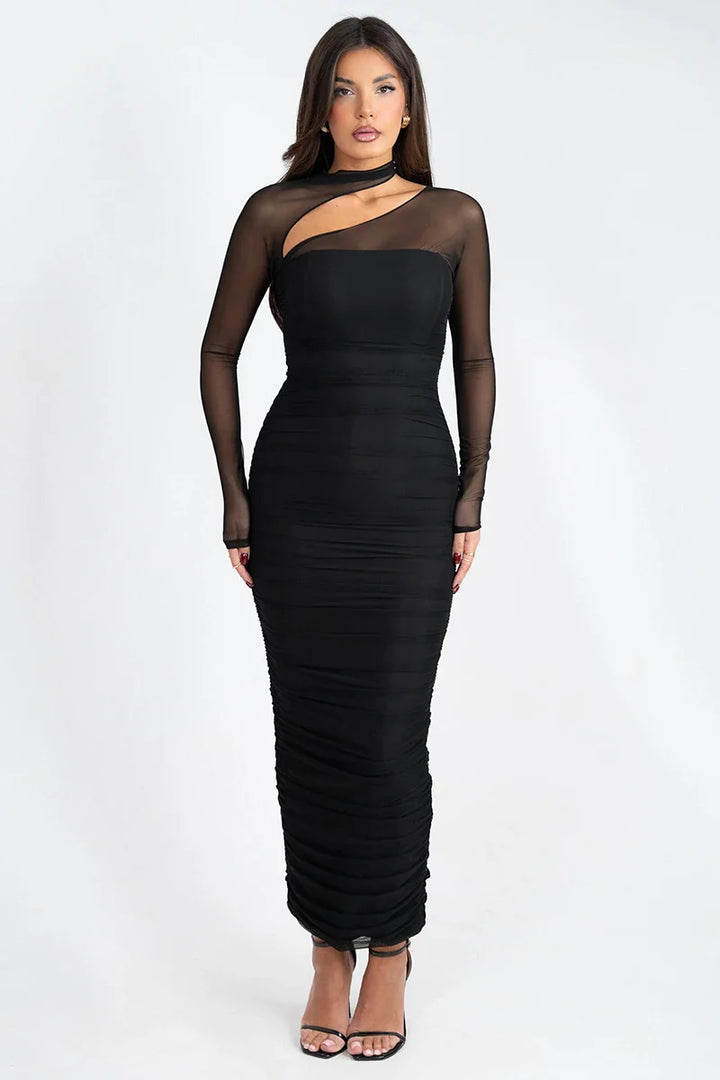 Maxi dress with ruching in shaping fabric and mesh sleeves - LIBAR