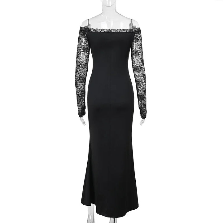 Maxi Dress with Lace Sleeve Detail and Off-Shoulder Design - Barbara