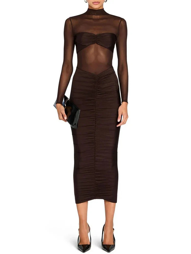 Fitted midi dress with ruching and mesh design - Miren