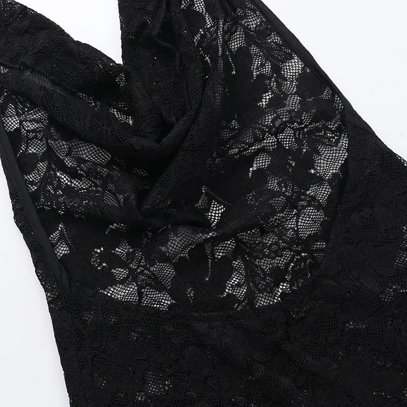 Lace Maxi Dress with Open Back and Draped Collar - Vanilia