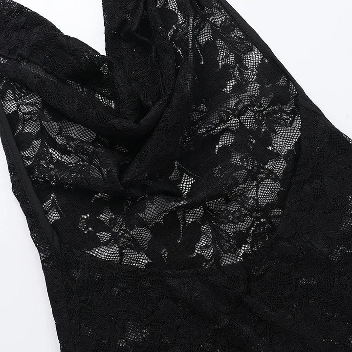 Lace Maxi Dress with Open Back and Draped Collar - Vanilia