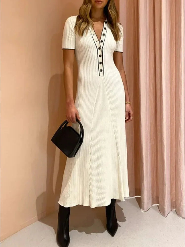 Knitted Maxi Dress with Elegant Design and Button Decoration - Ivanna