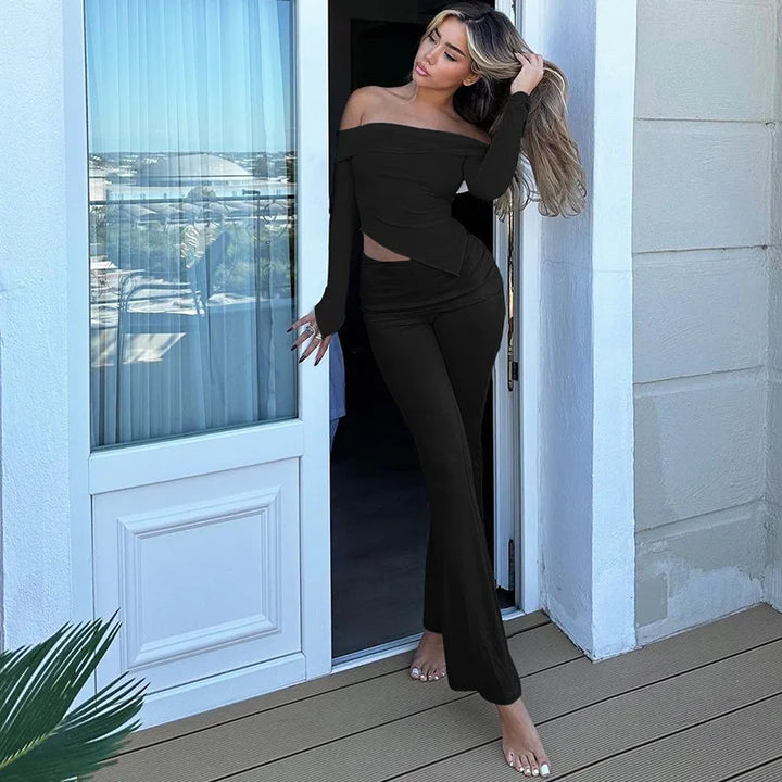 Two-piece knitted set with asymmetrical off-shoulder top and long pants - ROZIE