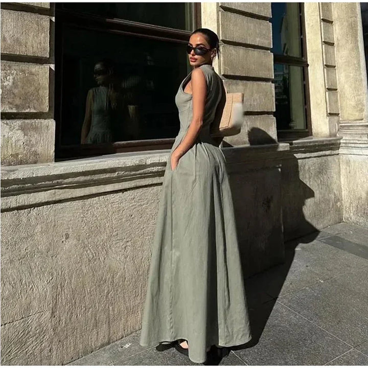 Tailored A-Line Maxi Dress with Front Zipper Closure - Adriana