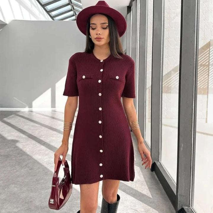Knitted Mini Dress with Button Embellishment - Mary