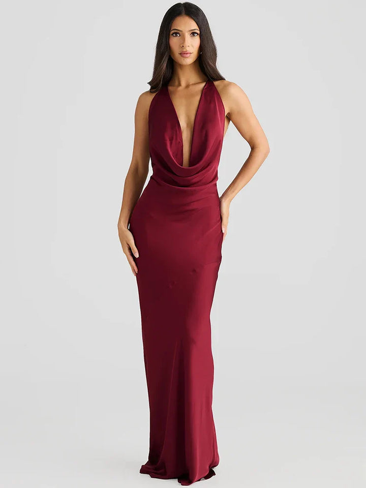 Satin Maxi Dress with Open Back and Draped Collar - Paula