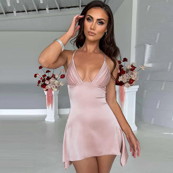 Asymmetric Satin Mini Dress with Chest Ruching - Sean