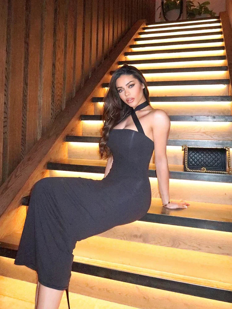 Fitted Maxi Dress with Cross Open Back Design - Sylvie