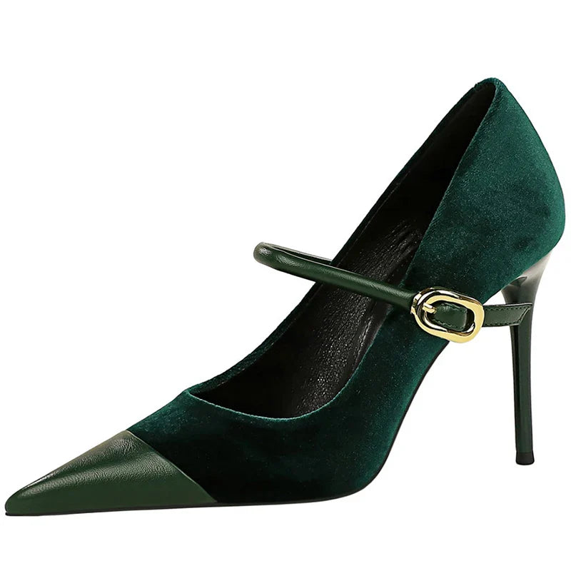 Pointed Heel Shoes with Velvet and Faux Leather Buckle Decoration - Mabel