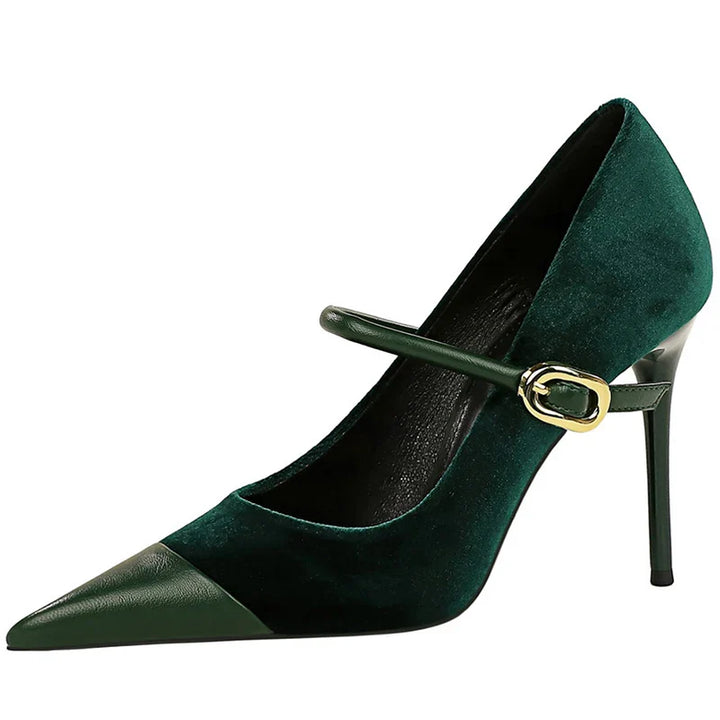 Pointed Heel Shoes with Velvet and Faux Leather Buckle Decoration - Mabel