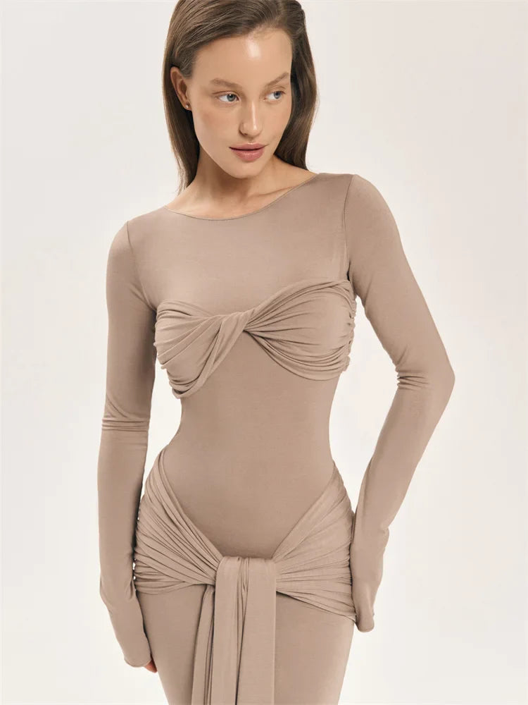 Modest Maxi Dress with Ruching and Tie Detail - Nahev
