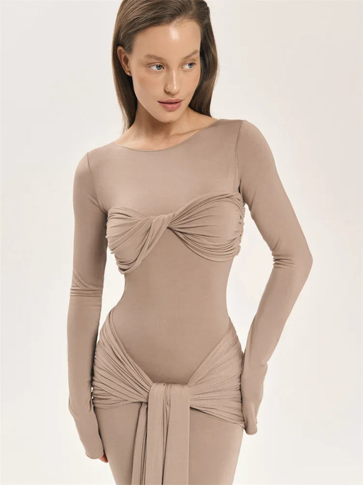 Modest Maxi Dress with Ruching and Tie Detail - Nahev